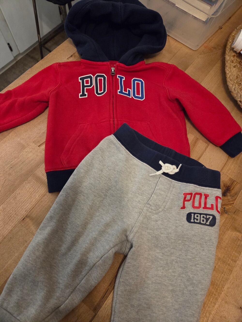 Ralph Lauren Baby Boy 2PC Fleece Set Red Hoodie Gray Sweatpants 12 Months